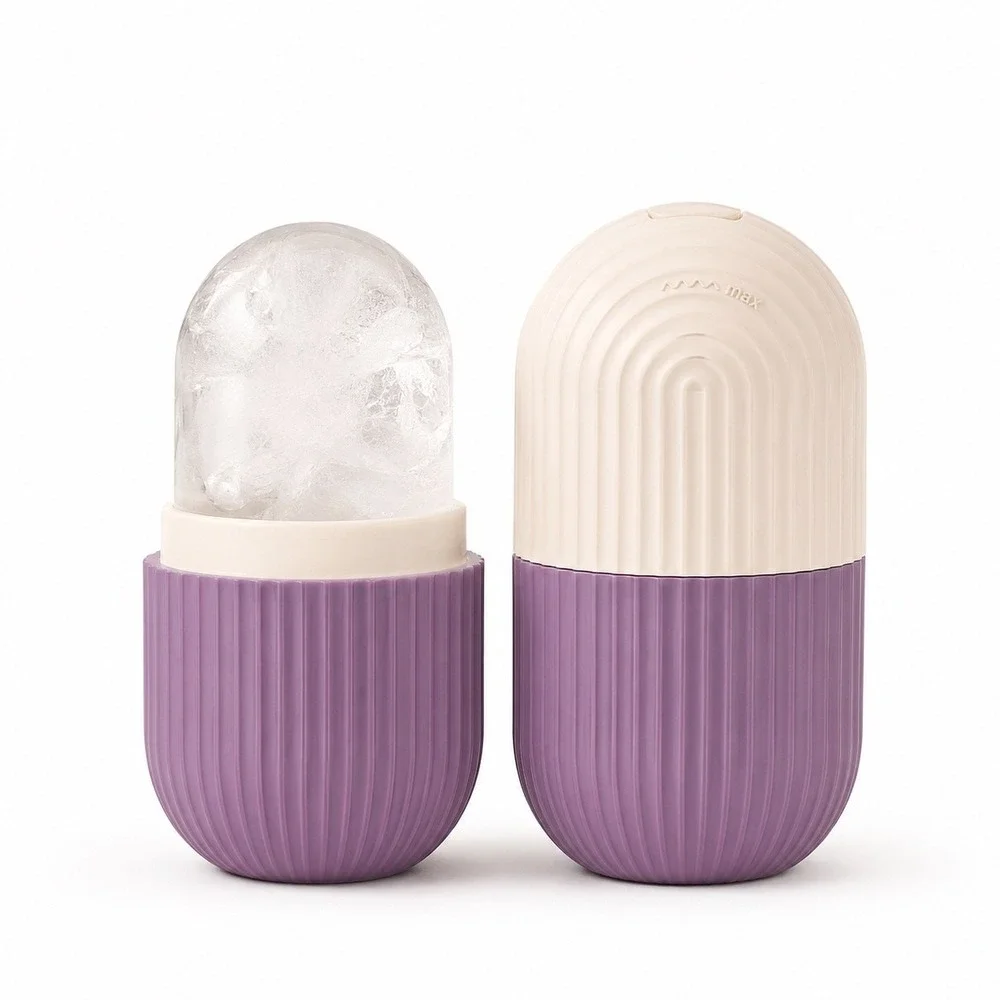 Dual-Toned Ribbed Silicone Facial Ice Roller Purple & Cream NWOT Skincare Depuff